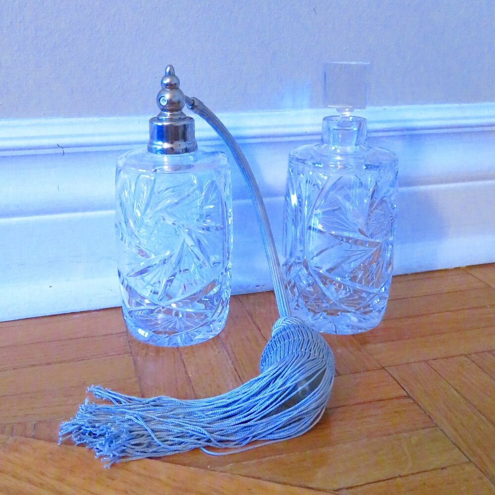 VTG Sparkling Bohemian PINWHEEL Crystal Pattern cylinder perfume bottles Atomize